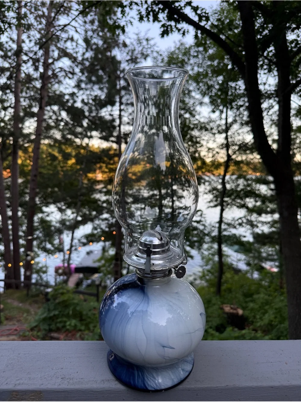 Blue Swirl Hurricane Kerosene Oil Lamp Glass Marbled Prairie CottageCo Homestead